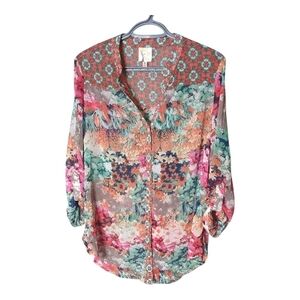 FIG & FLOWER  (Anthro) Roll-tab Crinkle Chiffon Blouse Coral Teal Relaxed Fit M‎